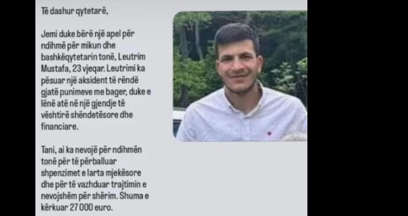 U aksidentua në vendin e punës, kërkohet ndihmë për shërimin e Leutrimit