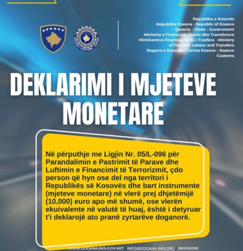 Dogana: Nëse hyni ose dilni nga territori i Republikës së Kosovës me më shumë se 10.000 euro jeni të detyruar t’i deklaroni