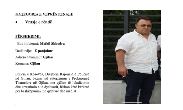 Vrasjet në Gjilan, Policia shpall në kërkim të dyshuarin, kërkon ndihmën e qytetarëve për ta kapur
