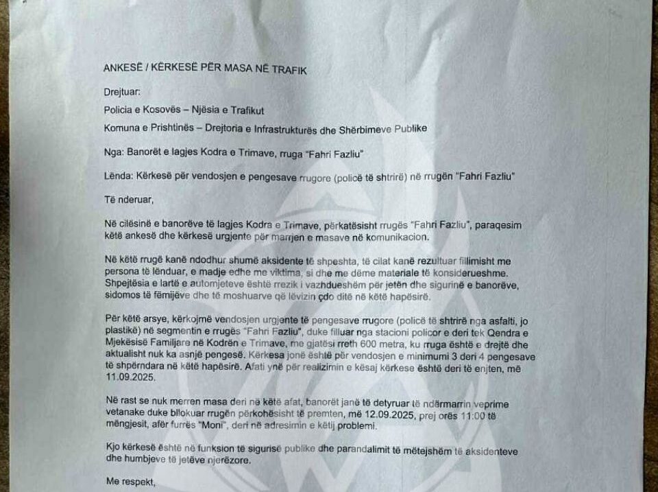 Banorët e lagjes Kodra e Trimave me peticion, ndihen të rrezikuar në rrugën “Fahri Fazliu”: Kërkojnë vendosjen urgjente të pengesave rrugore, shkak aksidentet e shpeshta