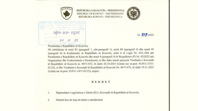 Vjosa Osmani shpërndan Kuvendin e Kosovës pas dështimit të krijimit të Qeverisë