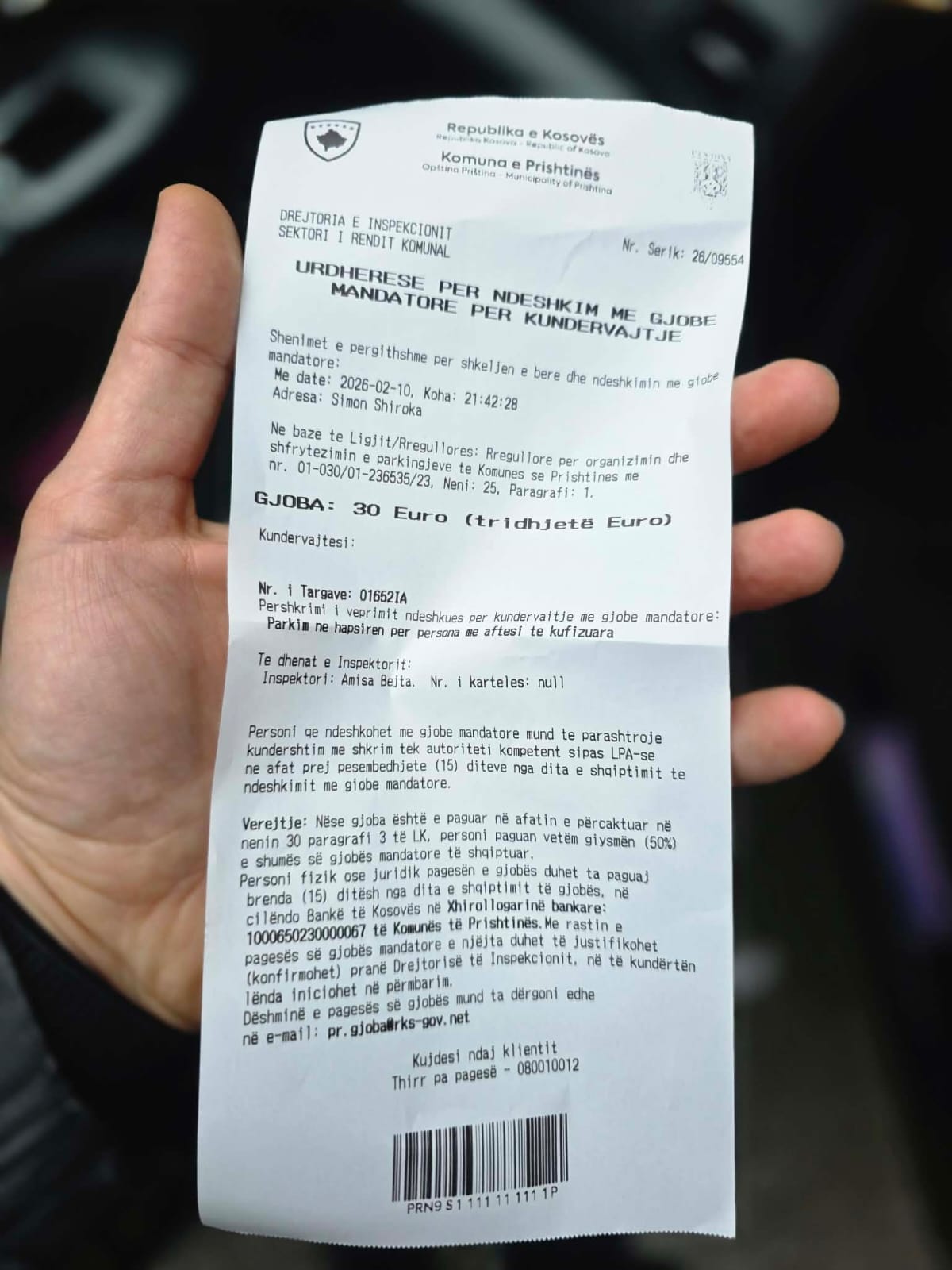 Sportisti nga Prishtina, Labinot Limani, kërkon mirëkuptim pas gjobës për parkim në vendet e personave me aftësi të kufizuara